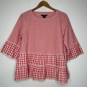 Ali Miles Gingham Ruffle Top Size L Petite Coral White‎